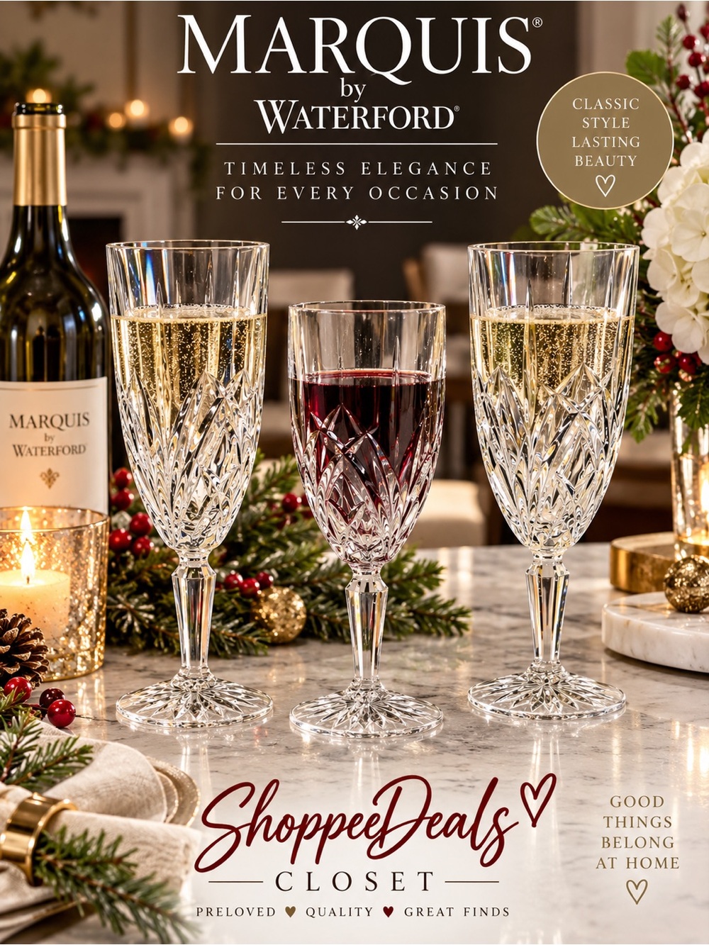 Marquis by Waterford Brookside Crystal Stemware Goblets Set of 3 Mixed Sizes